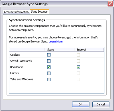 Google Browser Sync - Sync settings