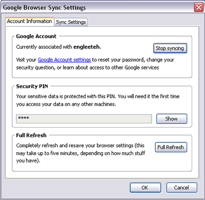 Google Browser Sync - Account settings